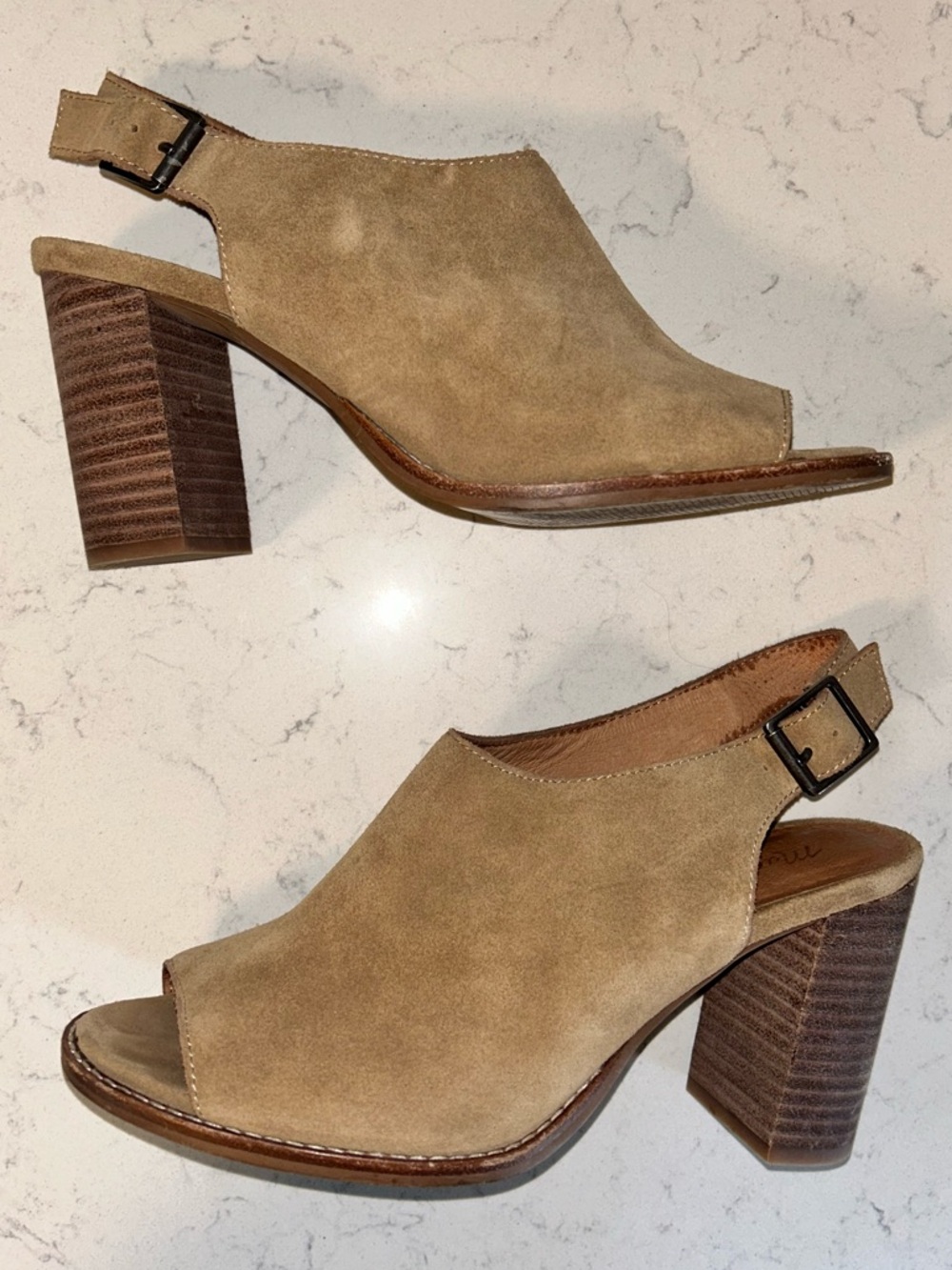Madewell The Cary Sueded Peep Toe Heeled Sandal Mule Ankle Bootie in Faded Birch - Picture 9 of 16